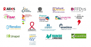 Logo des associations signataires : AIDES, APF France handicap, CFPSAA, Collectif Handicaps, FFDys, Fisaf, FNATH, France Assos Santé, LDH (Ligue des d