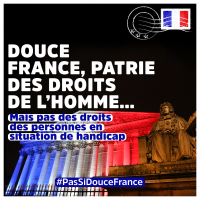 Photo de l'Assemblée nationale aux couleurs du drapeau français. Texte : douce france, patrie des droits de l'Homme... mais pas des droits des personn