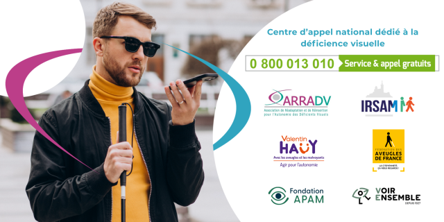 Centre d’appel national dédié à la déficience visuelle image de présentation avec un homme aveugle et les logos des associations