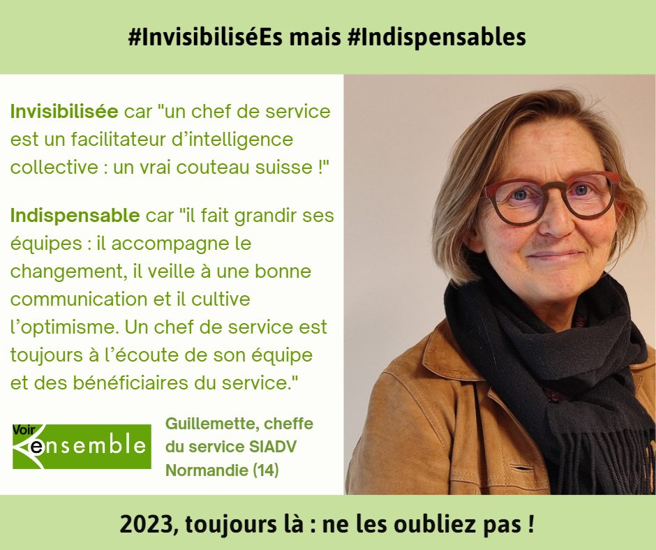 Guillemette, cheffe de service,  Invisibilisée car "un chef de service est un facilitateur d'intelligence collective : un vrai couteau suisse !"